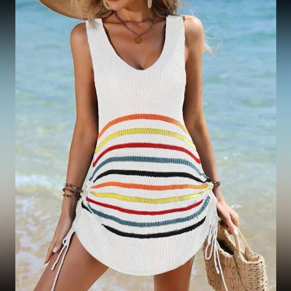 Sexy Knit Ruched Drawing String Swim Bath Suit Cover Up Dress White - Picture 3 of 12
